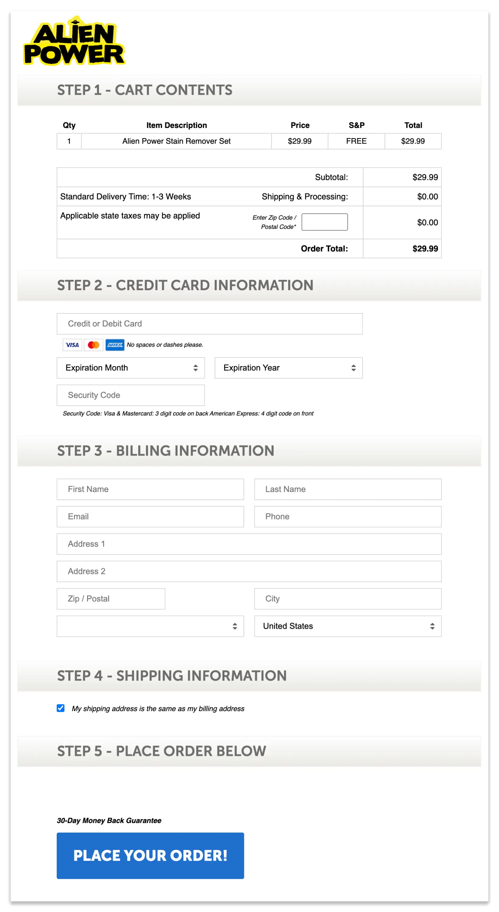 Alien Power checkout page.